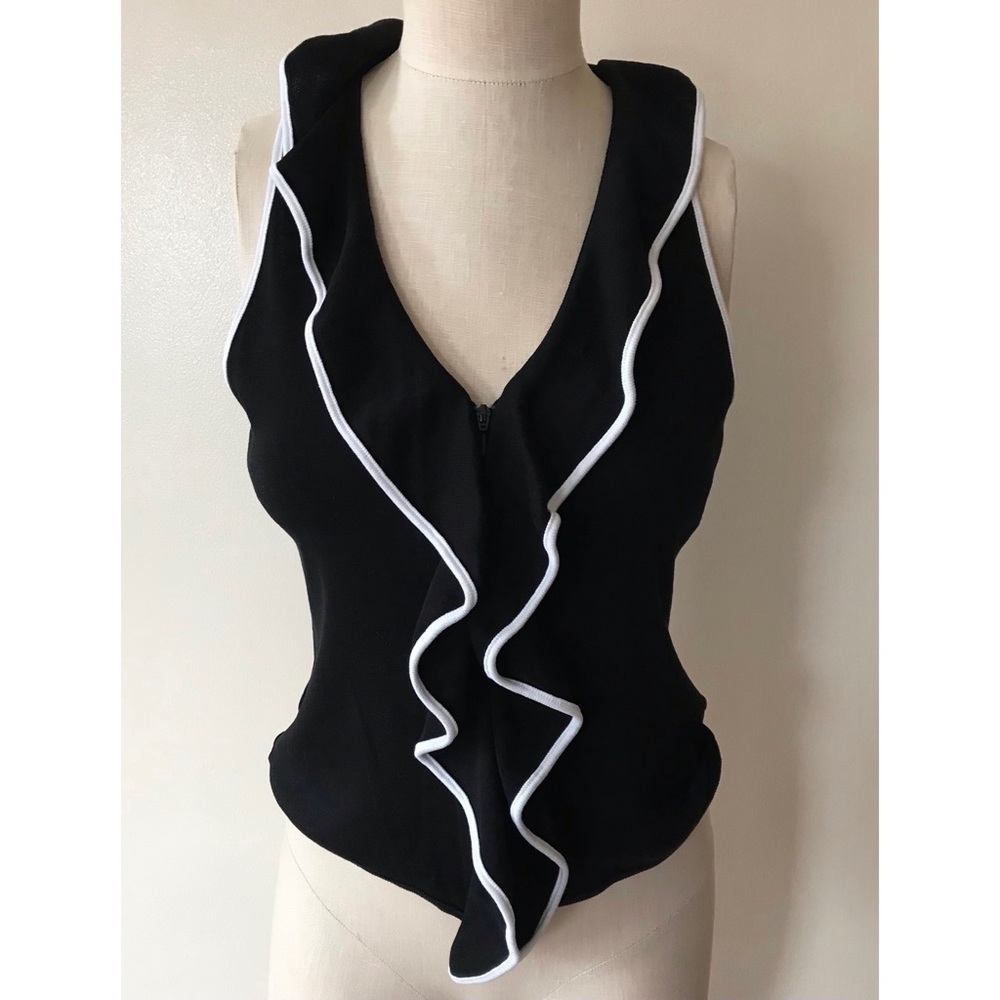 Anne Fontaine • 44 • Sleeveless Zip Ruffle Front Blouse Black White Two Way Zip